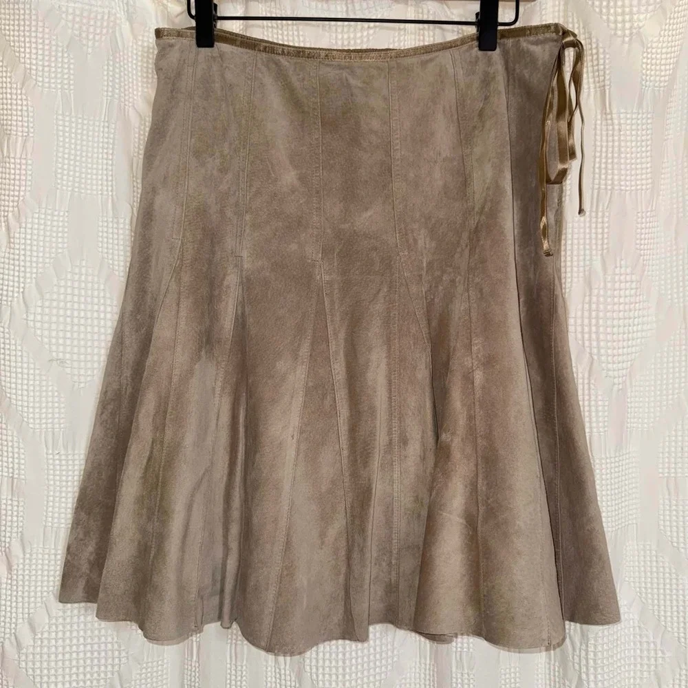 Context Suede Leather Paneled Skirt Tan Boho Western Academia Neutral Size 10